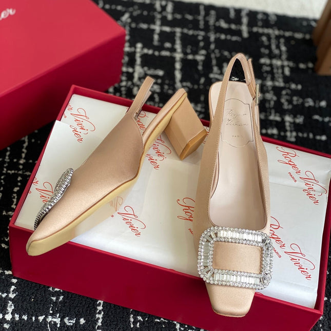 ROGER VIVIER 25S VIVIER SLINGBACK 45MM IN BEIGE SILK EMBELLISHED CRYSTALS