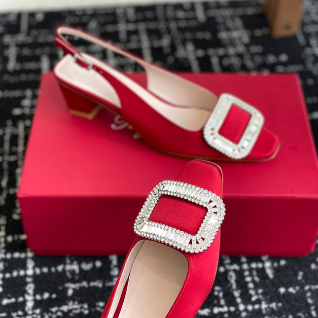 ROGER VIVIER 25S VIVIER SLINGBACK 45MM IN BRIGHT RED SILK EMBELLISHED CRYSTALS