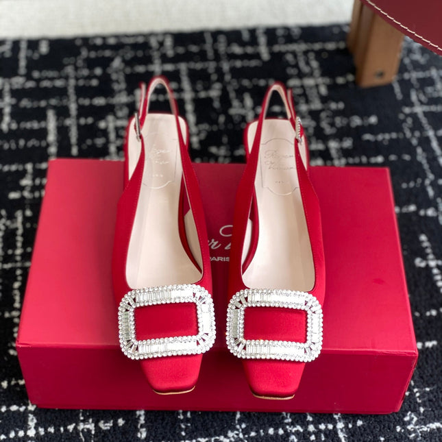 ROGER VIVIER 25S VIVIER SLINGBACK 45MM IN BRIGHT RED SILK EMBELLISHED CRYSTALS