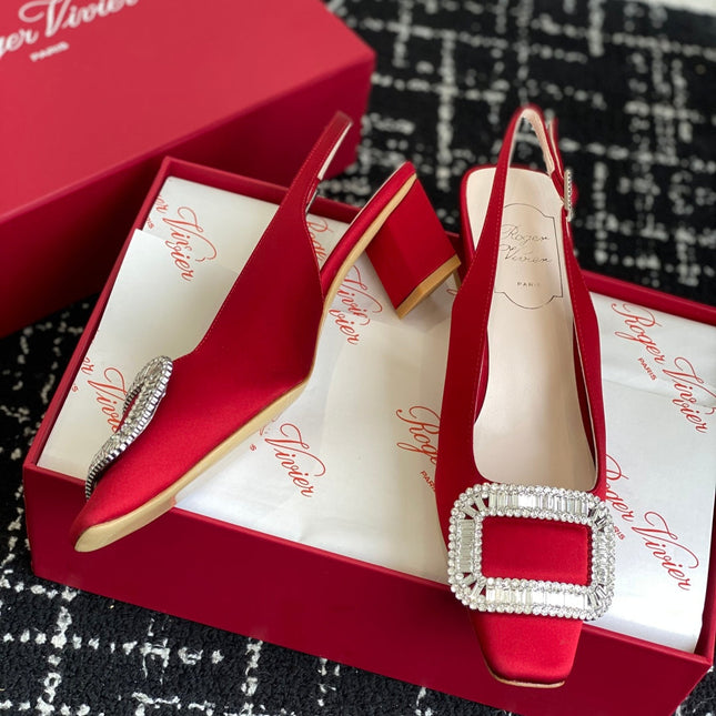 ROGER VIVIER 25S VIVIER SLINGBACK 45MM IN BRIGHT RED SILK EMBELLISHED CRYSTALS
