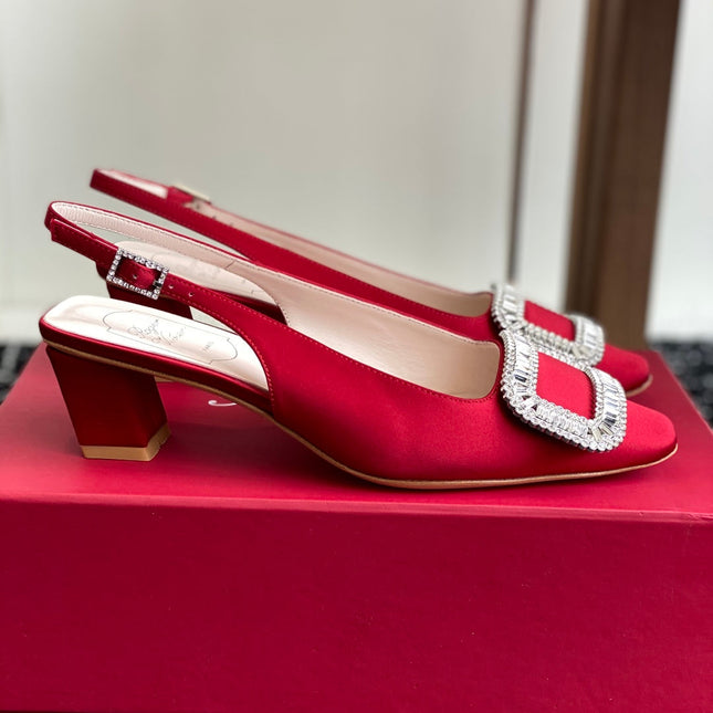 ROGER VIVIER 25S VIVIER SLINGBACK 45MM IN BRIGHT RED SILK EMBELLISHED CRYSTALS