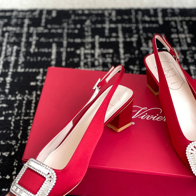 ROGER VIVIER 25S VIVIER SLINGBACK 45MM IN BRIGHT RED SILK EMBELLISHED CRYSTALS