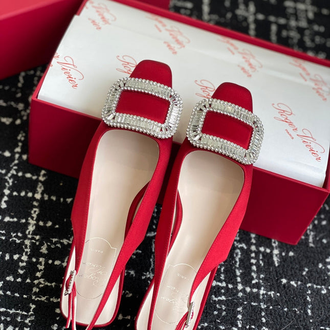 ROGER VIVIER 25S VIVIER SLINGBACK 45MM IN BRIGHT RED SILK EMBELLISHED CRYSTALS
