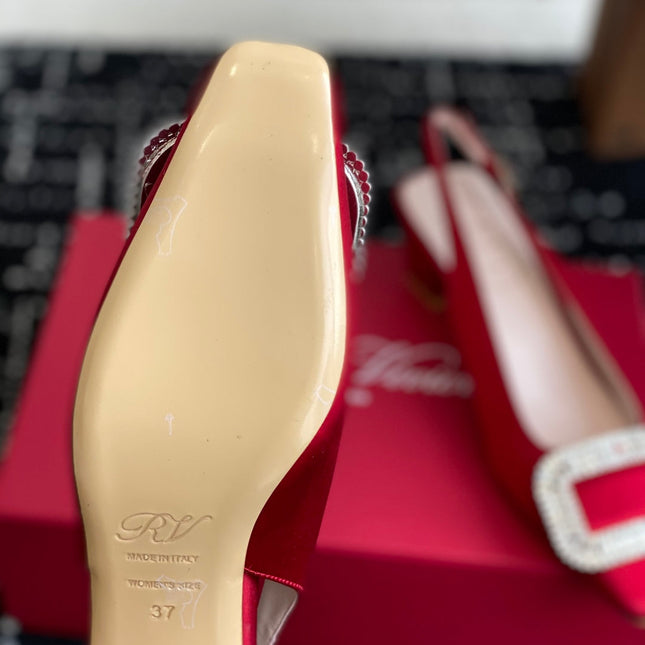 ROGER VIVIER 25S VIVIER SLINGBACK 45MM IN BRIGHT RED SILK EMBELLISHED CRYSTALS