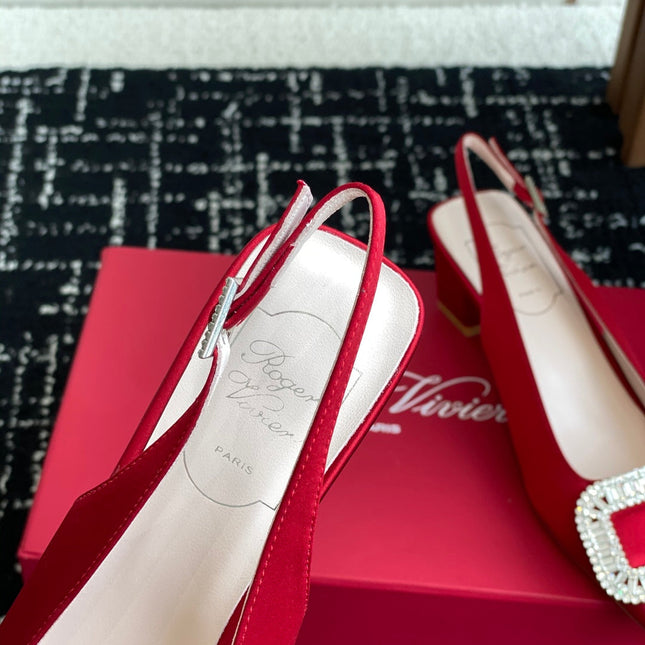 ROGER VIVIER 25S VIVIER SLINGBACK 45MM IN BRIGHT RED SILK EMBELLISHED CRYSTALS
