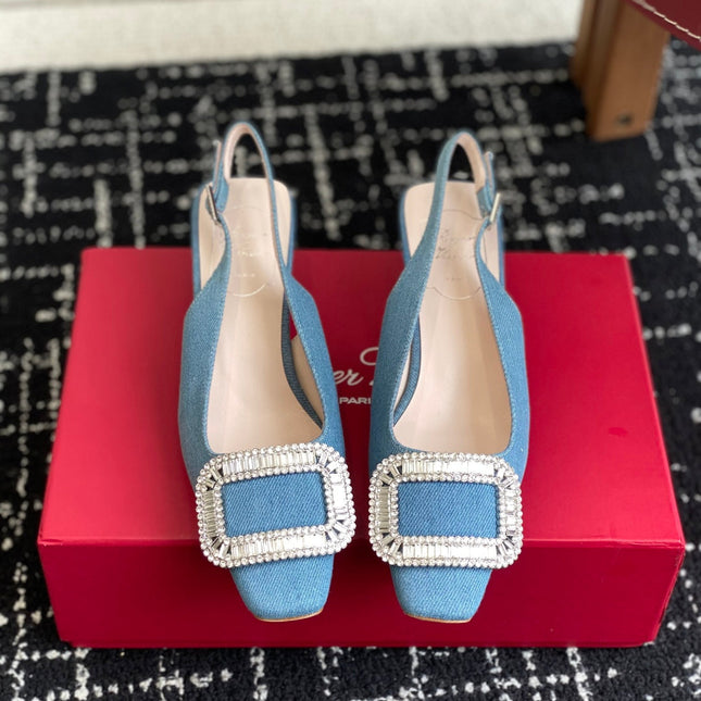 ROGER VIVIER 25S VIVIER SLINGBACK 45MM IN BLUE DENIM EMBELLISHED CRYSTALS