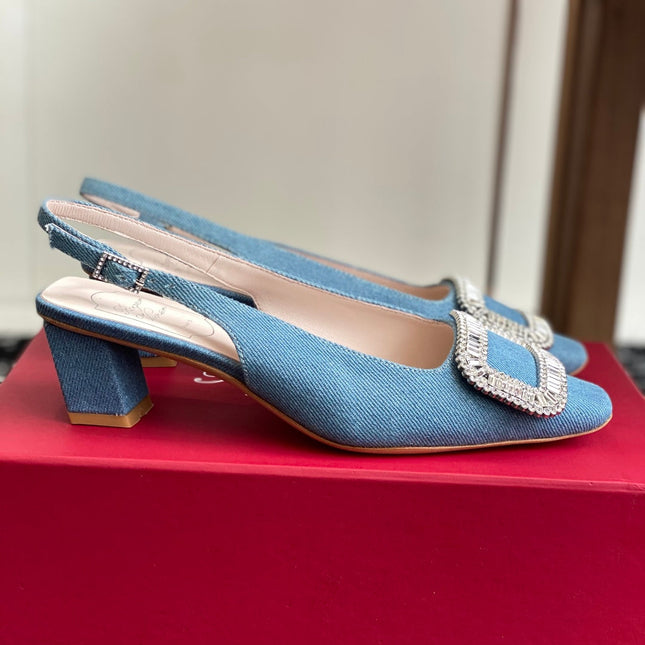 ROGER VIVIER 25S VIVIER SLINGBACK 45MM IN BLUE DENIM EMBELLISHED CRYSTALS