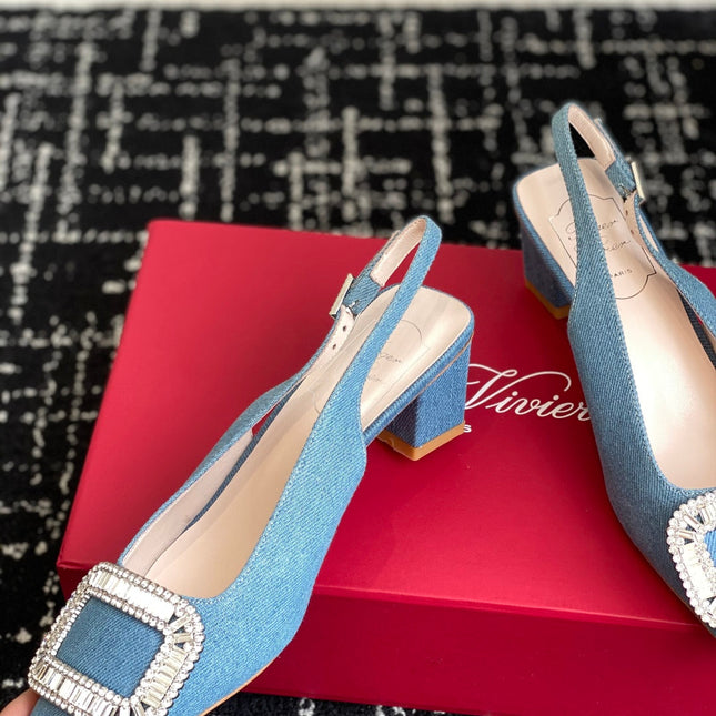 ROGER VIVIER 25S VIVIER SLINGBACK 45MM IN BLUE DENIM EMBELLISHED CRYSTALS