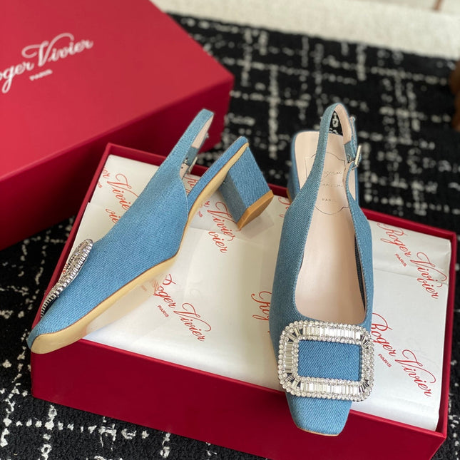 ROGER VIVIER 25S VIVIER SLINGBACK 45MM IN BLUE DENIM EMBELLISHED CRYSTALS