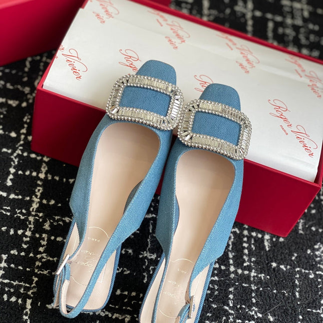 ROGER VIVIER 25S VIVIER SLINGBACK 45MM IN BLUE DENIM EMBELLISHED CRYSTALS