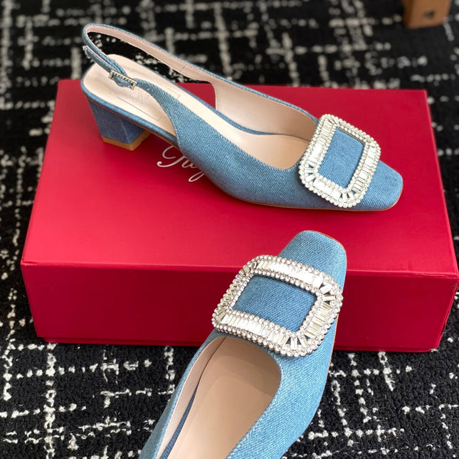ROGER VIVIER 25S VIVIER SLINGBACK 45MM IN BLUE DENIM EMBELLISHED CRYSTALS