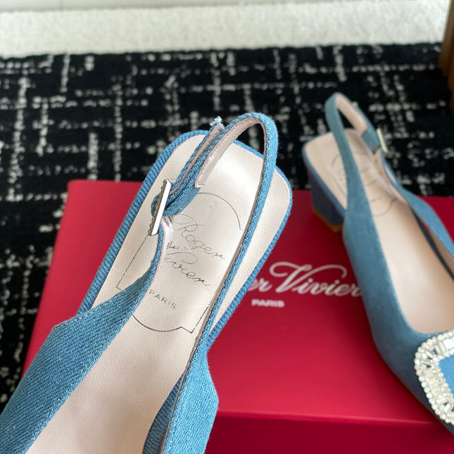 ROGER VIVIER 25S VIVIER SLINGBACK 45MM IN BLUE DENIM EMBELLISHED CRYSTALS