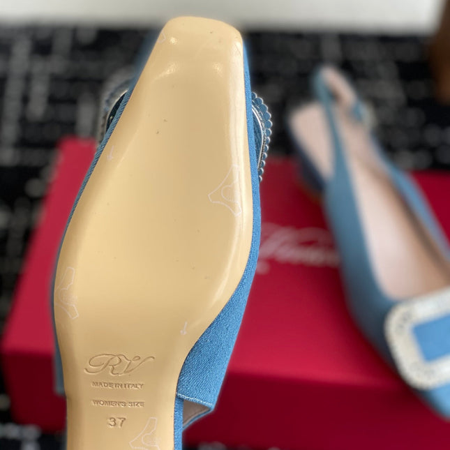 ROGER VIVIER 25S VIVIER SLINGBACK 45MM IN BLUE DENIM EMBELLISHED CRYSTALS