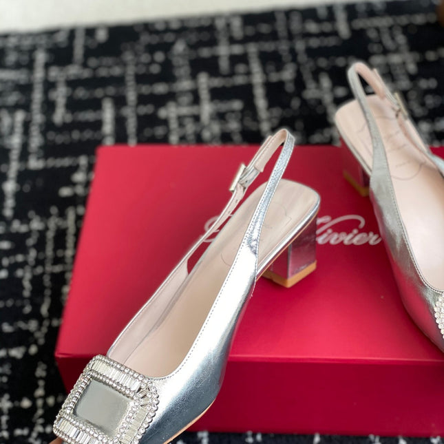 ROGER VIVIER 25S VIVIER SLINGBACK 45MM IN SILVER CALFSKIN EMBELLISHED CRYSTALS