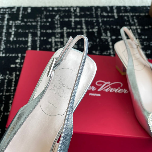ROGER VIVIER 25S VIVIER SLINGBACK 45MM IN SILVER CALFSKIN EMBELLISHED CRYSTALS