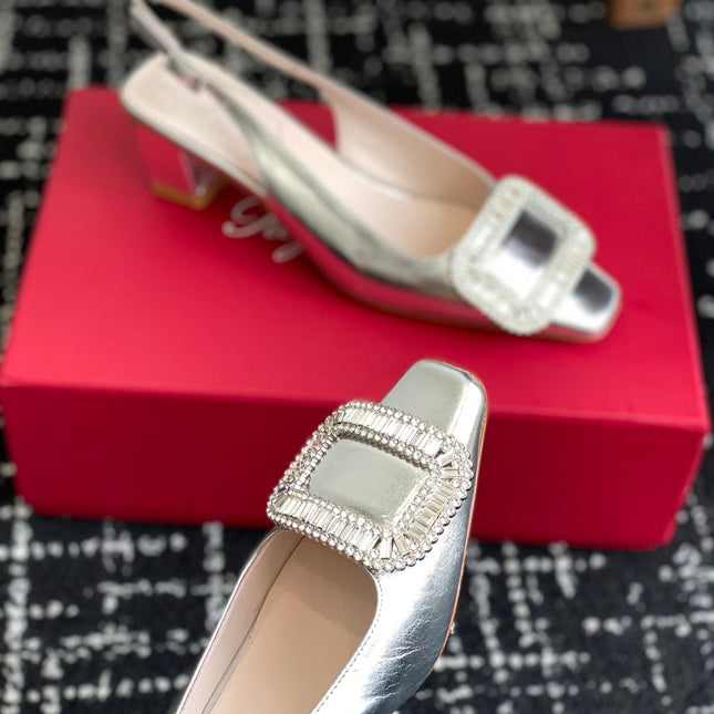 ROGER VIVIER 25S VIVIER SLINGBACK 45MM IN SILVER CALFSKIN EMBELLISHED CRYSTALS