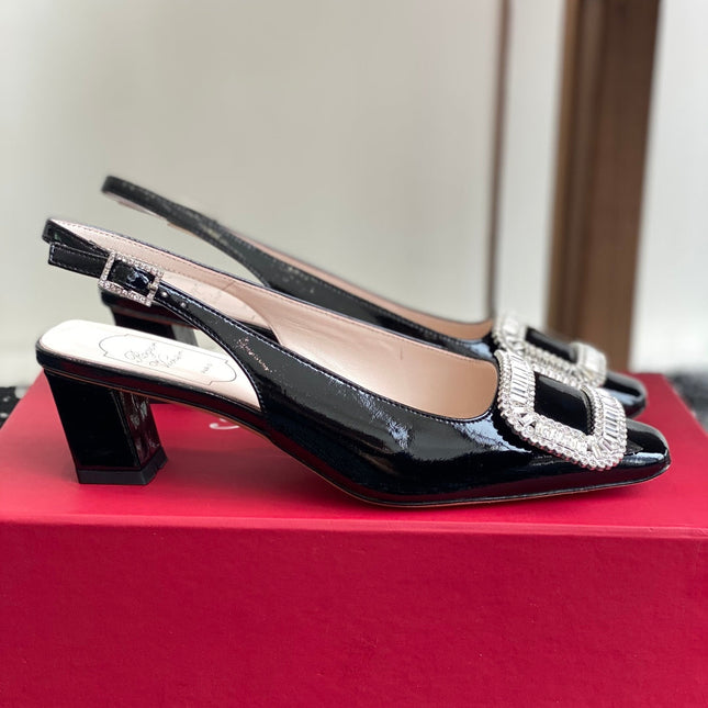 ROGER VIVIER 25S VIVIER SLINGBACK 45MM IN BLACK CALFSKIN EMBELLISHED CRYSTALS