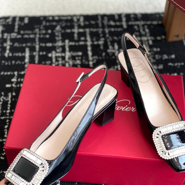 ROGER VIVIER 25S VIVIER SLINGBACK 45MM IN BLACK CALFSKIN EMBELLISHED CRYSTALS