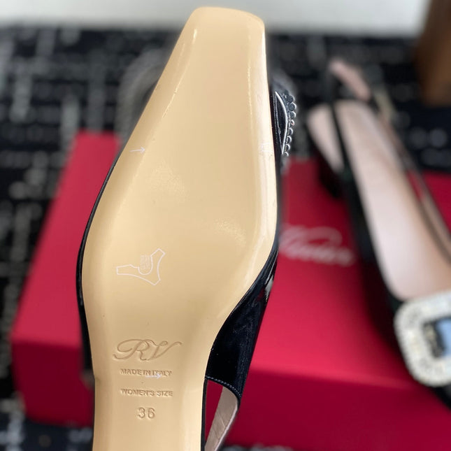 ROGER VIVIER 25S VIVIER SLINGBACK 45MM IN BLACK CALFSKIN EMBELLISHED CRYSTALS