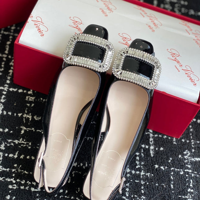 ROGER VIVIER 25S VIVIER SLINGBACK 45MM IN BLACK CALFSKIN EMBELLISHED CRYSTALS