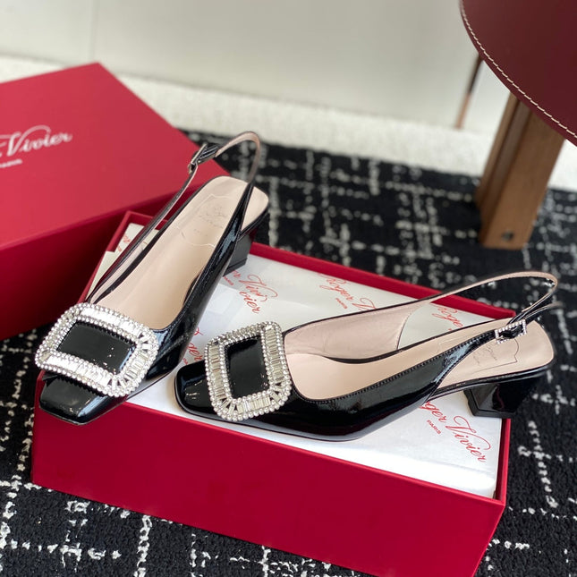 ROGER VIVIER 25S VIVIER SLINGBACK 45MM IN BLACK CALFSKIN EMBELLISHED CRYSTALS