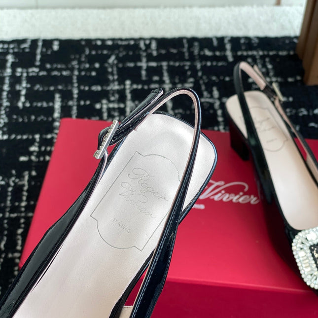 ROGER VIVIER 25S VIVIER SLINGBACK 45MM IN BLACK CALFSKIN EMBELLISHED CRYSTALS