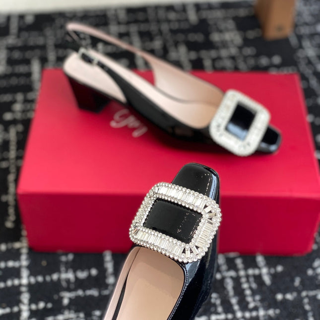 ROGER VIVIER 25S VIVIER SLINGBACK 45MM IN BLACK CALFSKIN EMBELLISHED CRYSTALS