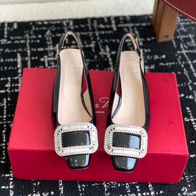 ROGER VIVIER 25S VIVIER SLINGBACK 45MM IN BLACK CALFSKIN EMBELLISHED CRYSTALS