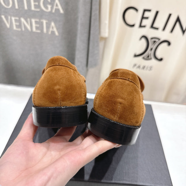 YSL 25S LOAFERS IN COPPER BROWN SUEDE WITH GOLD HARDWARE