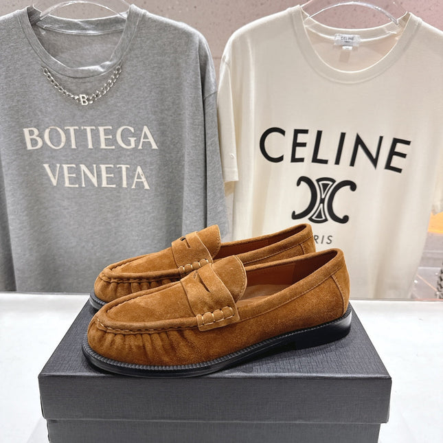 YSL 25S LOAFERS IN COPPER BROWN SUEDE WITH GOLD HARDWARE