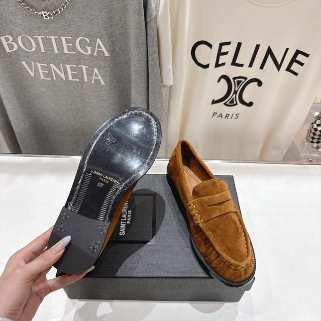YSL 25S LOAFERS IN COPPER BROWN SUEDE WITH GOLD HARDWARE