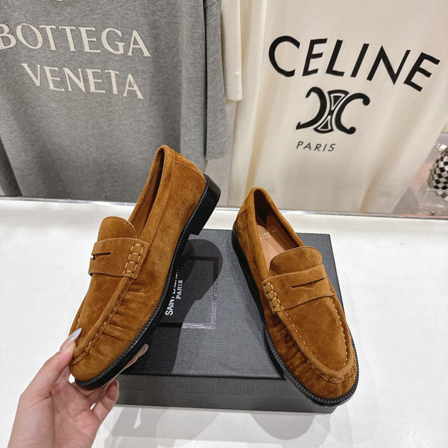 YSL 25S LOAFERS IN COPPER BROWN SUEDE WITH GOLD HARDWARE