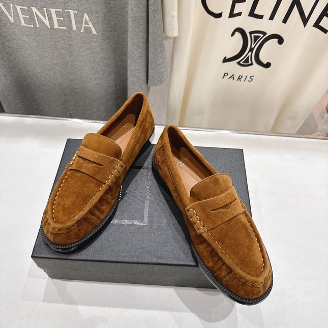 YSL 25S LOAFERS IN COPPER BROWN SUEDE WITH GOLD HARDWARE
