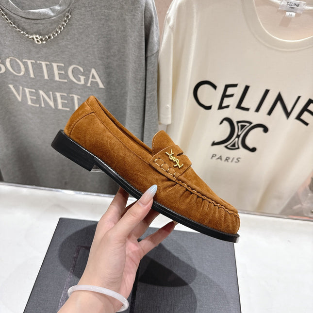 YSL 25S LOAFERS IN COPPER BROWN SUEDE WITH GOLD HARDWARE