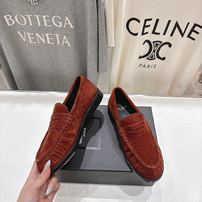 YSL 25S LOAFERS IN RED MAHOGANY SUEDE WITH GOLD HARDWARE