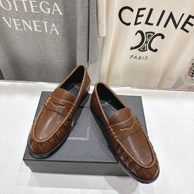 YSL 25S LOAFERS IN COFFEE BROWN LAMBSKIN WITH GOLD HARDWARE