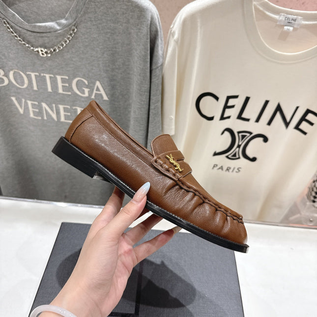 YSL 25S LOAFERS IN COFFEE BROWN LAMBSKIN WITH GOLD HARDWARE