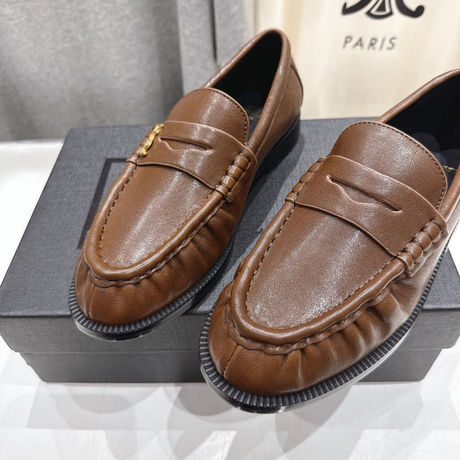YSL 25S LOAFERS IN COFFEE BROWN LAMBSKIN WITH GOLD HARDWARE