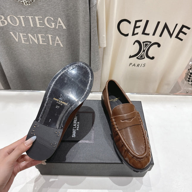YSL 25S LOAFERS IN COFFEE BROWN LAMBSKIN WITH GOLD HARDWARE