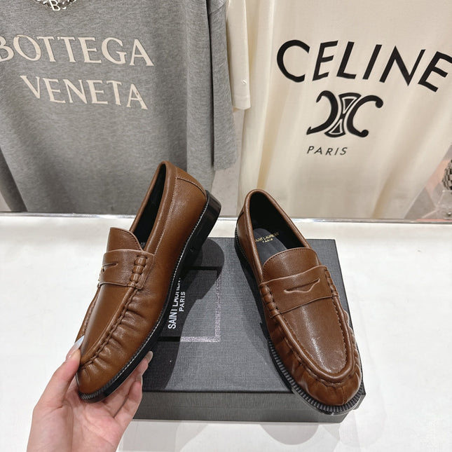 YSL 25S LOAFERS IN COFFEE BROWN LAMBSKIN WITH GOLD HARDWARE