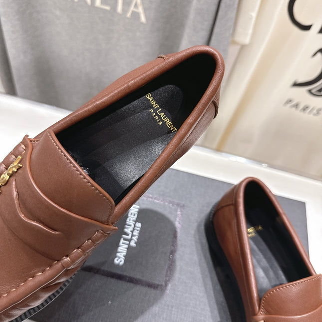 YSL 25S LOAFERS IN CHESTNUT BROWN LAMBSKIN WITH GOLD HARDWARE
