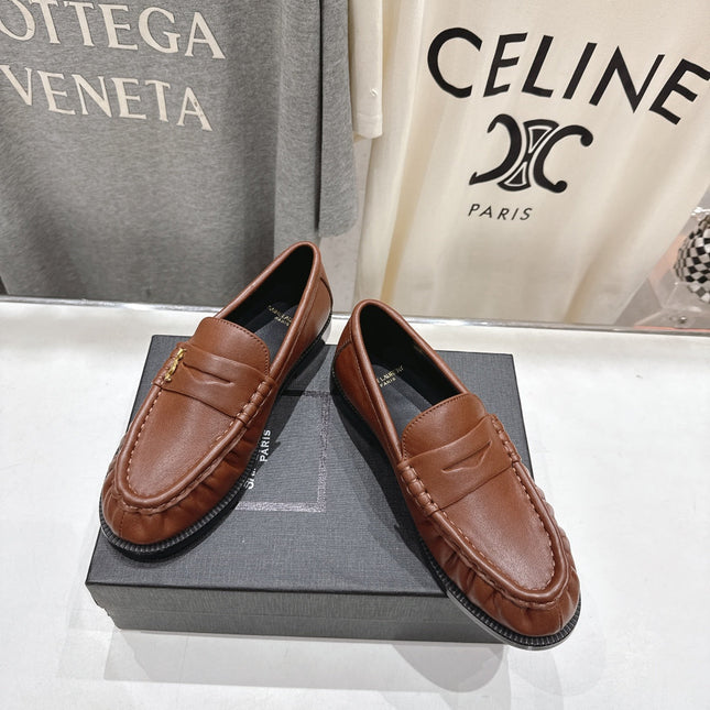YSL 25S LOAFERS IN CHESTNUT BROWN LAMBSKIN WITH GOLD HARDWARE