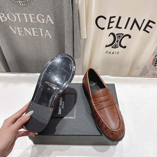 YSL 25S LOAFERS IN CHESTNUT BROWN LAMBSKIN WITH GOLD HARDWARE
