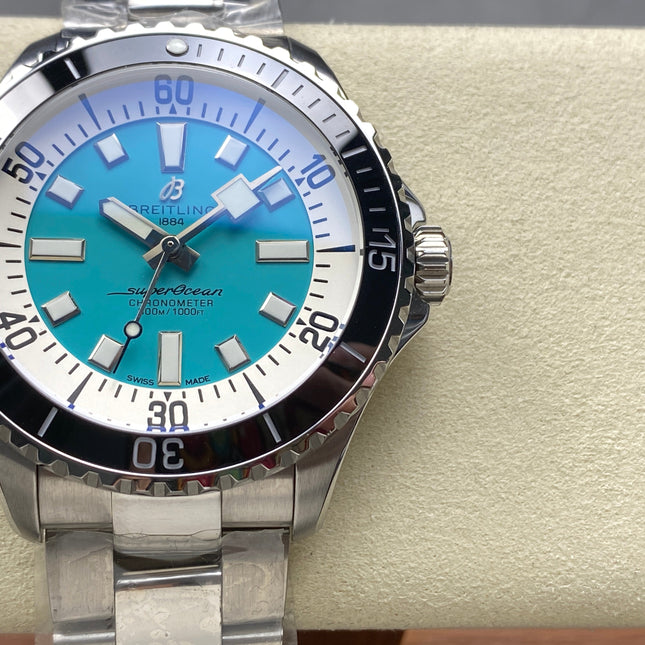SUPEROCEAN AUTOMATIC 44 BLACK CERAMIC BEZEL BLUE CHILL AND WHITE DIAL
