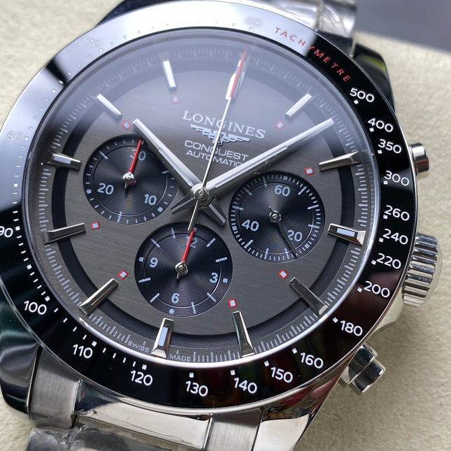 CONQUEST CHRONOGRAPH 42 MM SILVER CASE WITH FULL BLACK DIAL