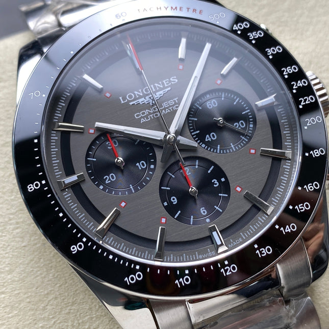 CONQUEST CHRONOGRAPH 42 MM SILVER CASE WITH FULL BLACK DIAL