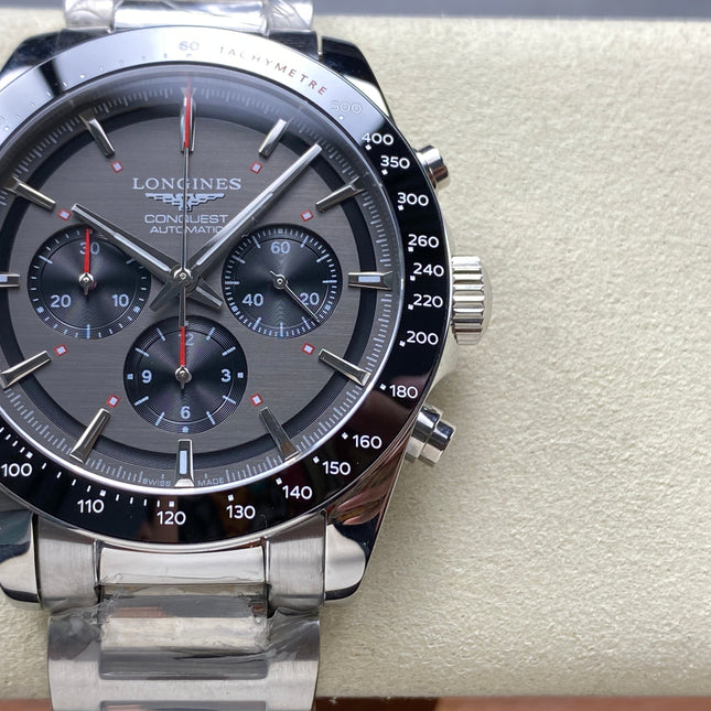 CONQUEST CHRONOGRAPH 42 MM SILVER CASE WITH FULL BLACK DIAL