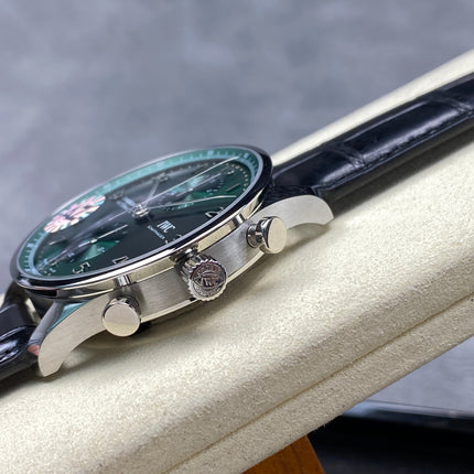 PORTUGIESER AUTOMATIC 40 MM WATCH SILVER CASE WITH BLACK LEATHER STRAP AND GREEN FOREST DIAL