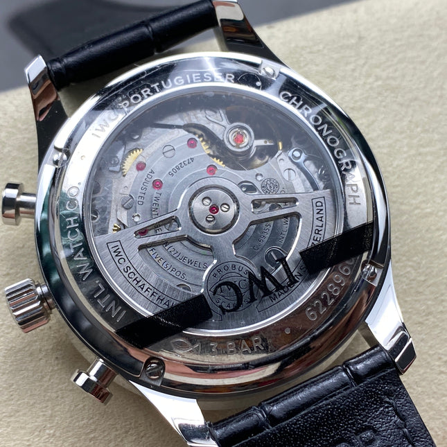 PORTUGIESER AUTOMATIC 40 MM WATCH SILVER CASE WITH BLACK LEATHER STRAP AND GREEN FOREST DIAL