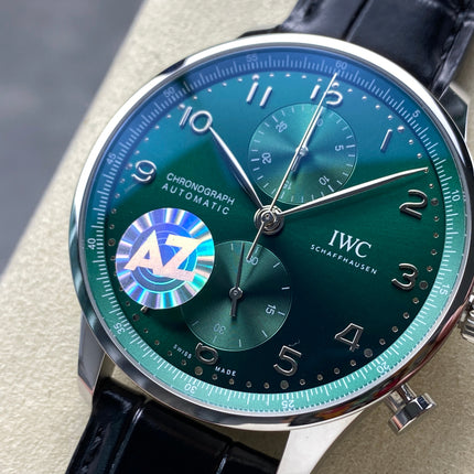 PORTUGIESER AUTOMATIC 40 MM WATCH SILVER CASE WITH BLACK LEATHER STRAP AND GREEN FOREST DIAL